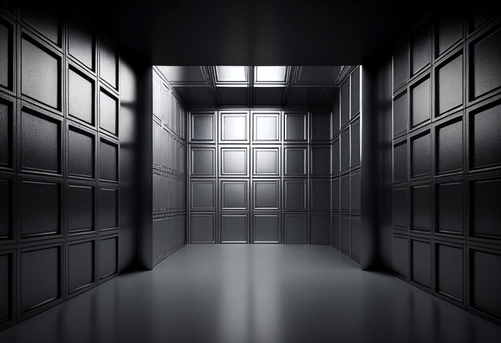 3d rendering of abstract interior. Dark empty room with metallic walls. Stock Free