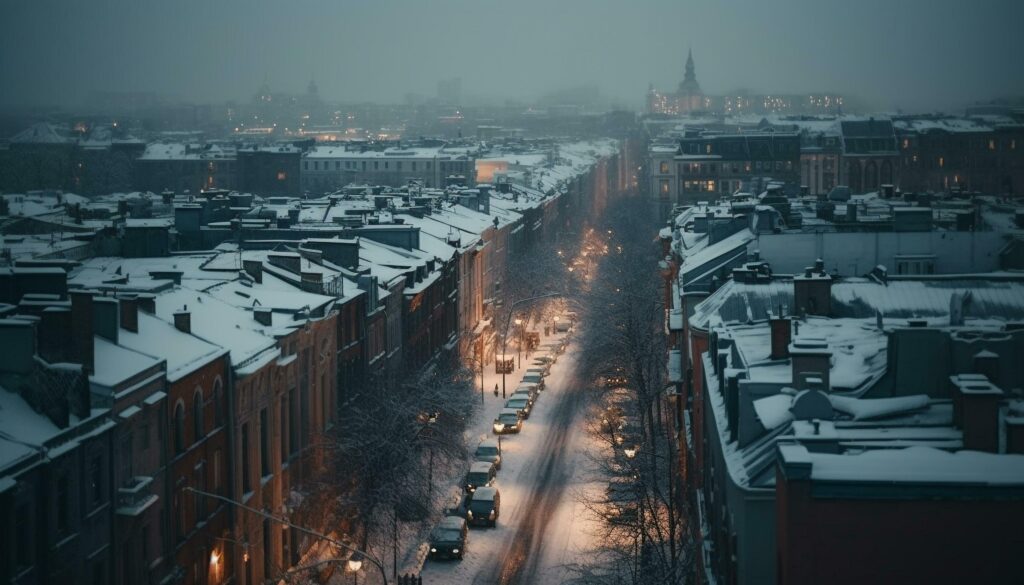 City lights blur in snowy winter night generated by AI Stock Free