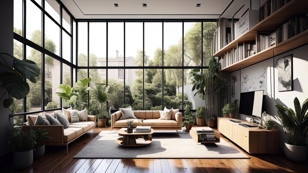 Interior of modern living room with wooden floor, panoramic windows, 3d render. Stock Free