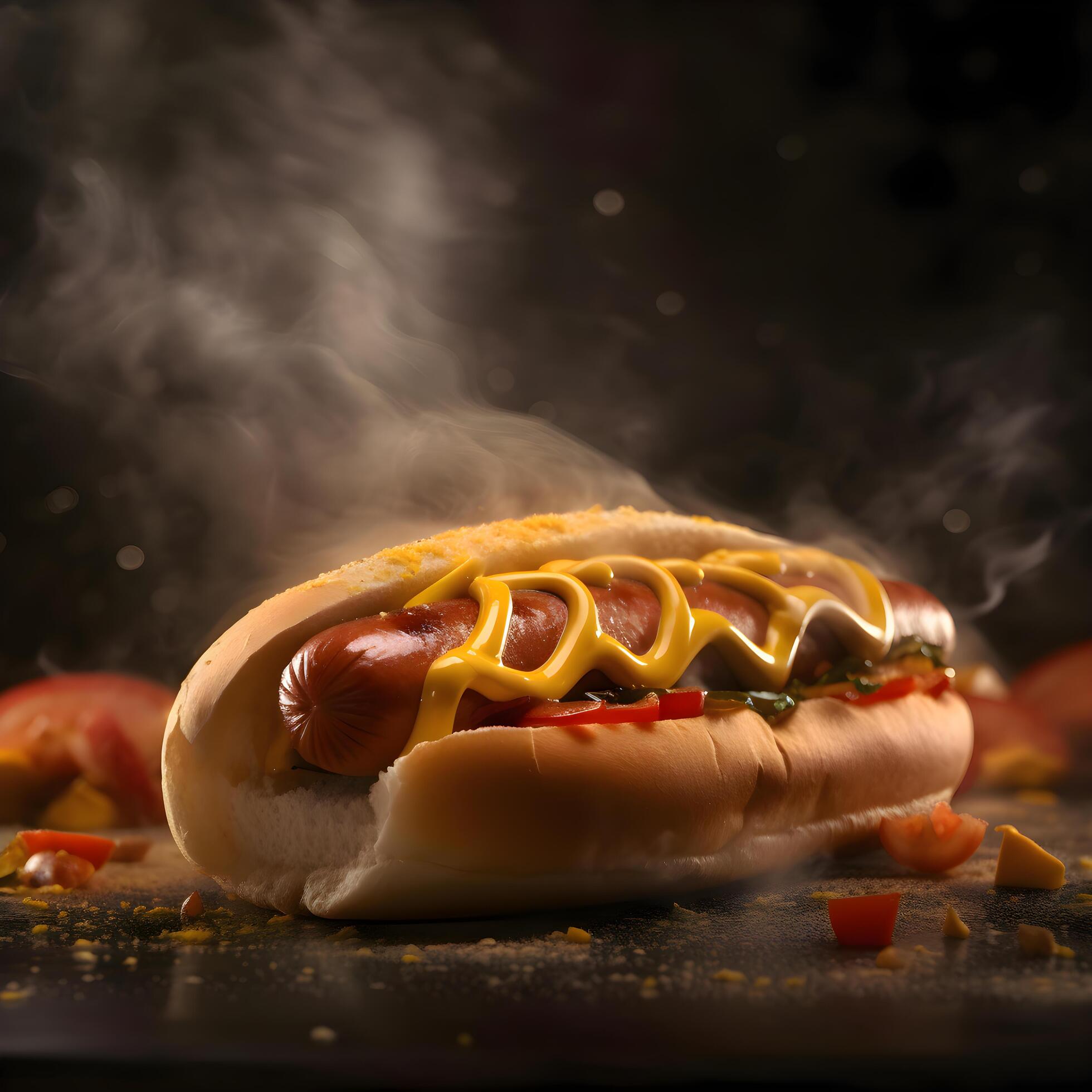 Hot dog with mustard and ketchup on a black background. Fast food., Image Stock Free