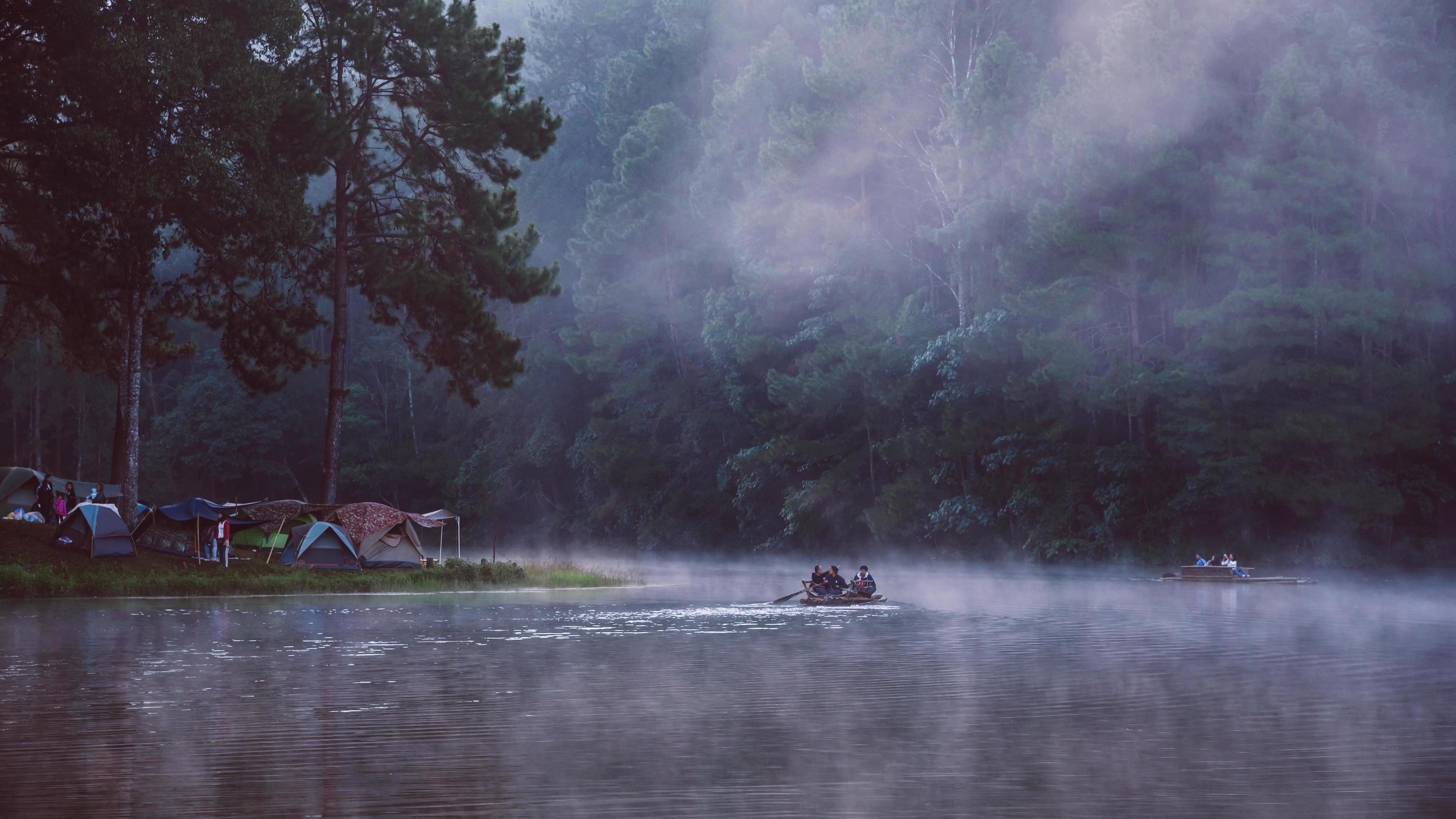 camping and travel Beatiful nature panorama view of Pang Ung lake in the mist at sunrise. Stock Free