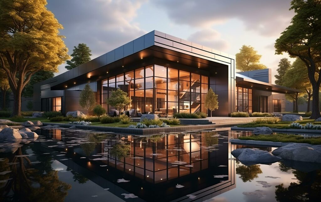 unique industrial architecture house in daylight, photo-realistic AI generative Stock Free