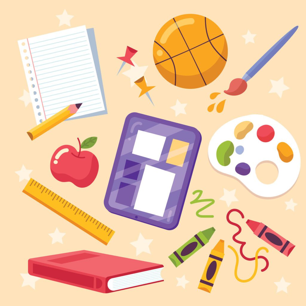 school supplies and school supplies on a yellow background Free Vector