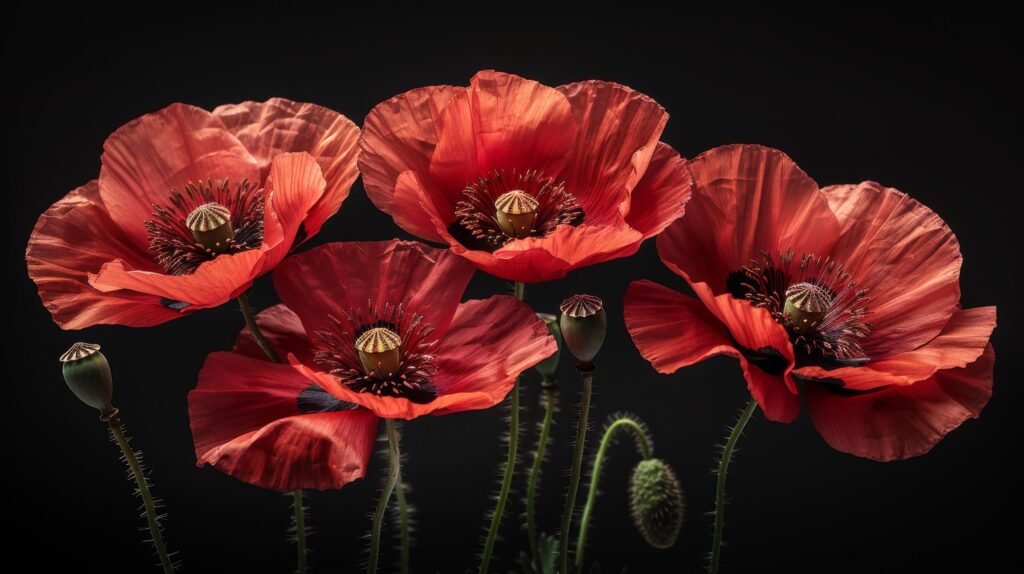 Three Red Flowers in Vase on Black Background Stock Free