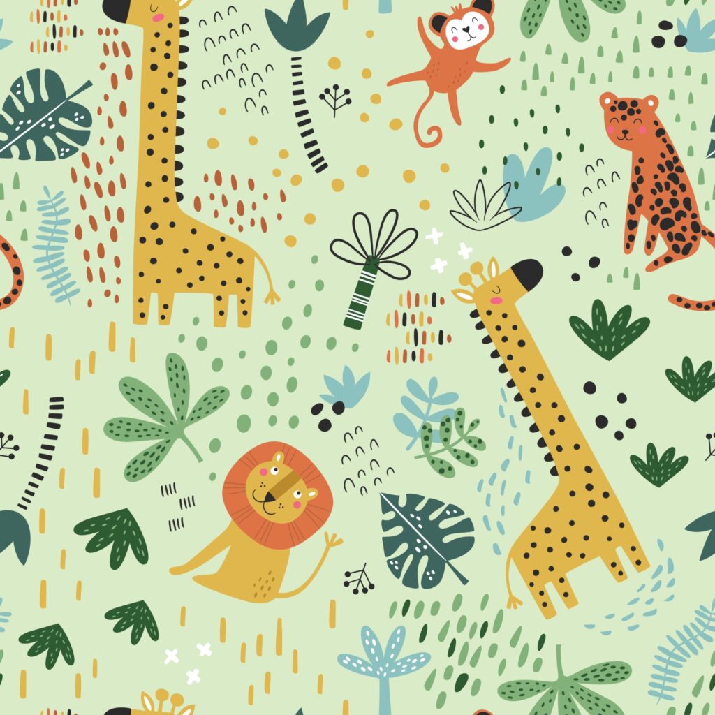 Seamless childish pattern with cartoon jungle animals Free Vector