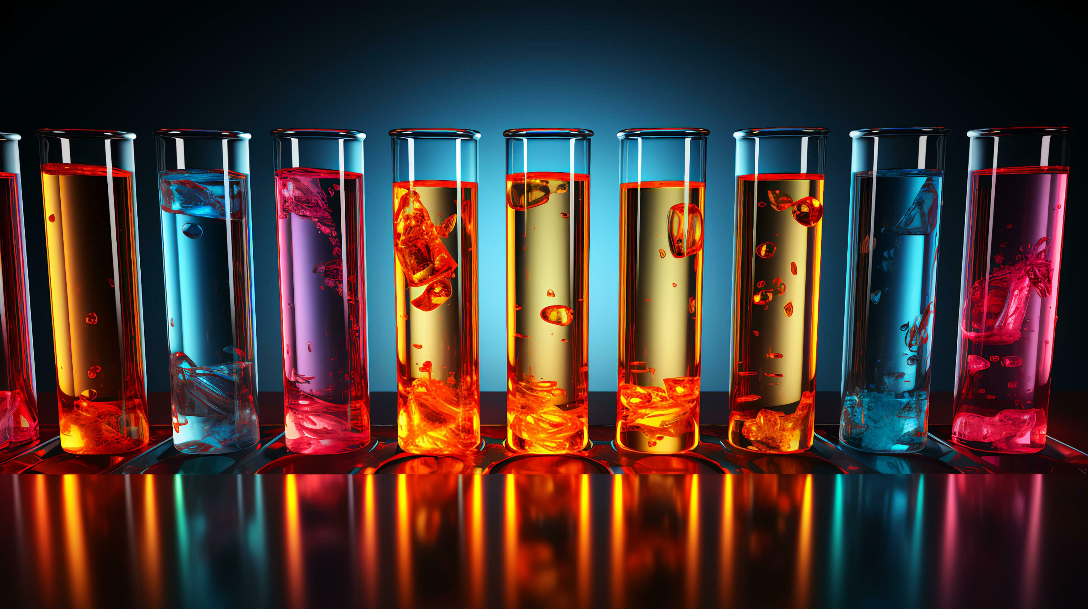 Multi-colored glass flasks and flasks with chemical test tubes in a scientific medical microbiological laboratory with research equipment Stock Free