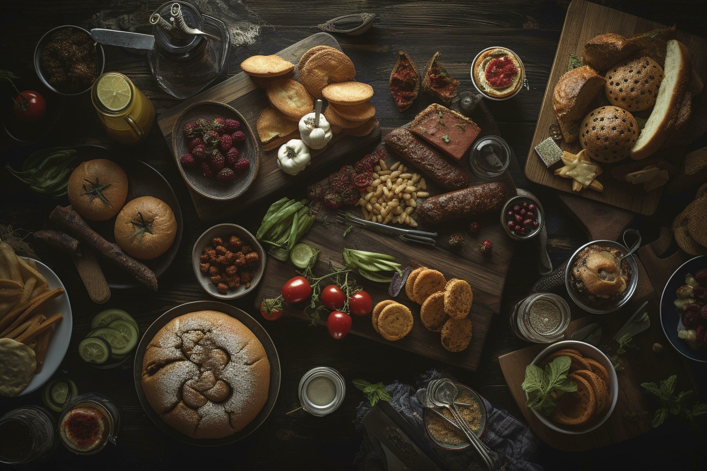 Table scene with a selection of delicious foods. Top view over a dark wood banner background, generate ai Stock Free