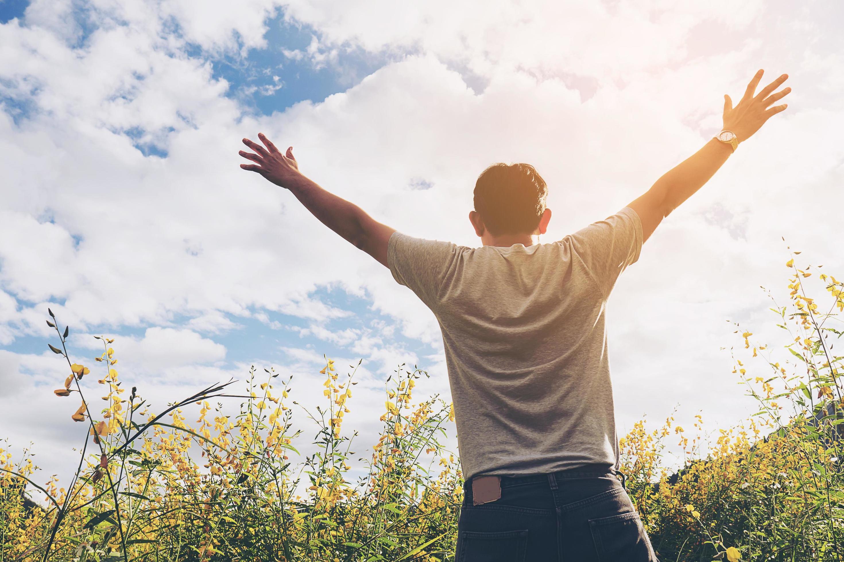 Happy man in nature of yellow field flower and bright sky white cloud Stock Free