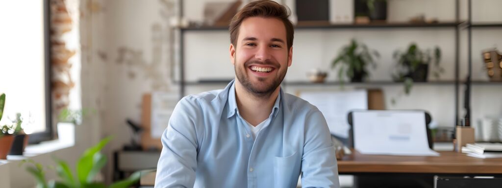 Cheerful Business Professional at Desk in Modern Office Environment Stock Free