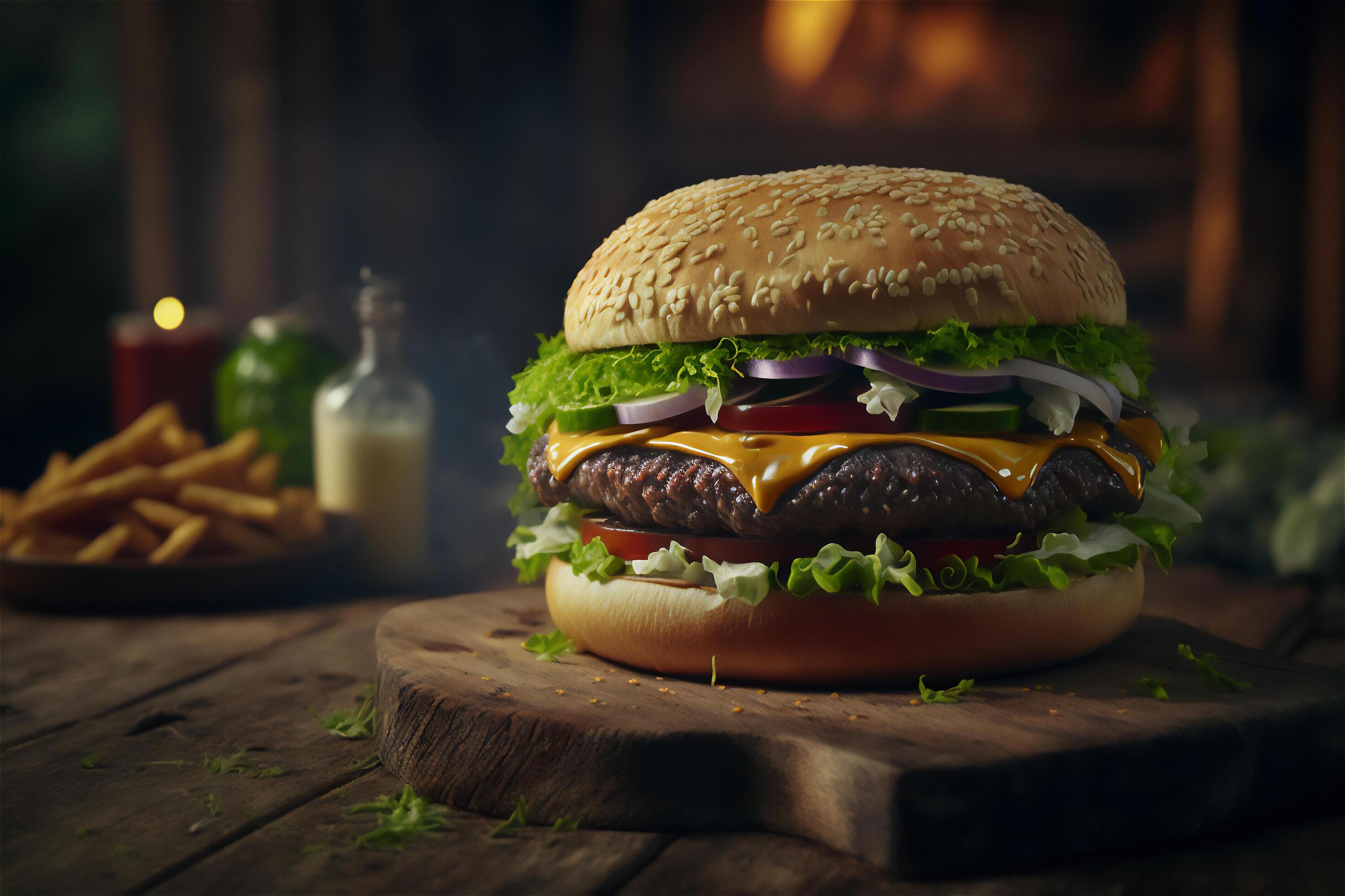 Tasty homemade hamburger on rustic wooden table. Copy space. Advertising. . Fast food snack Stock Free