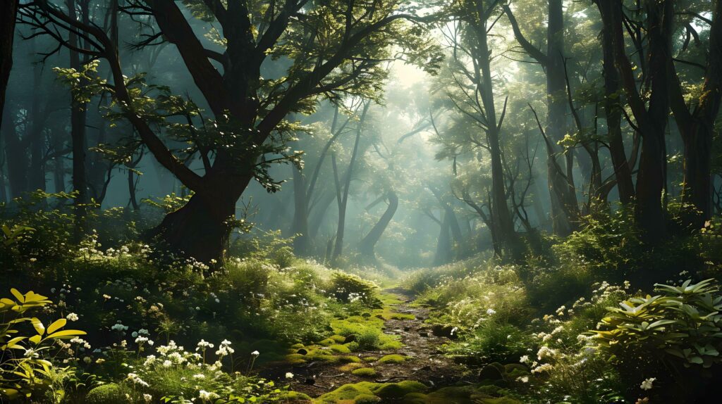 AI generated Pathway to Peace, Sun-Kissed Trail in Verdant Woods Stock Free