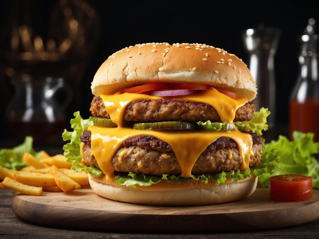 Big double cheddar cheeseburger with chicken cutlet Free Photo