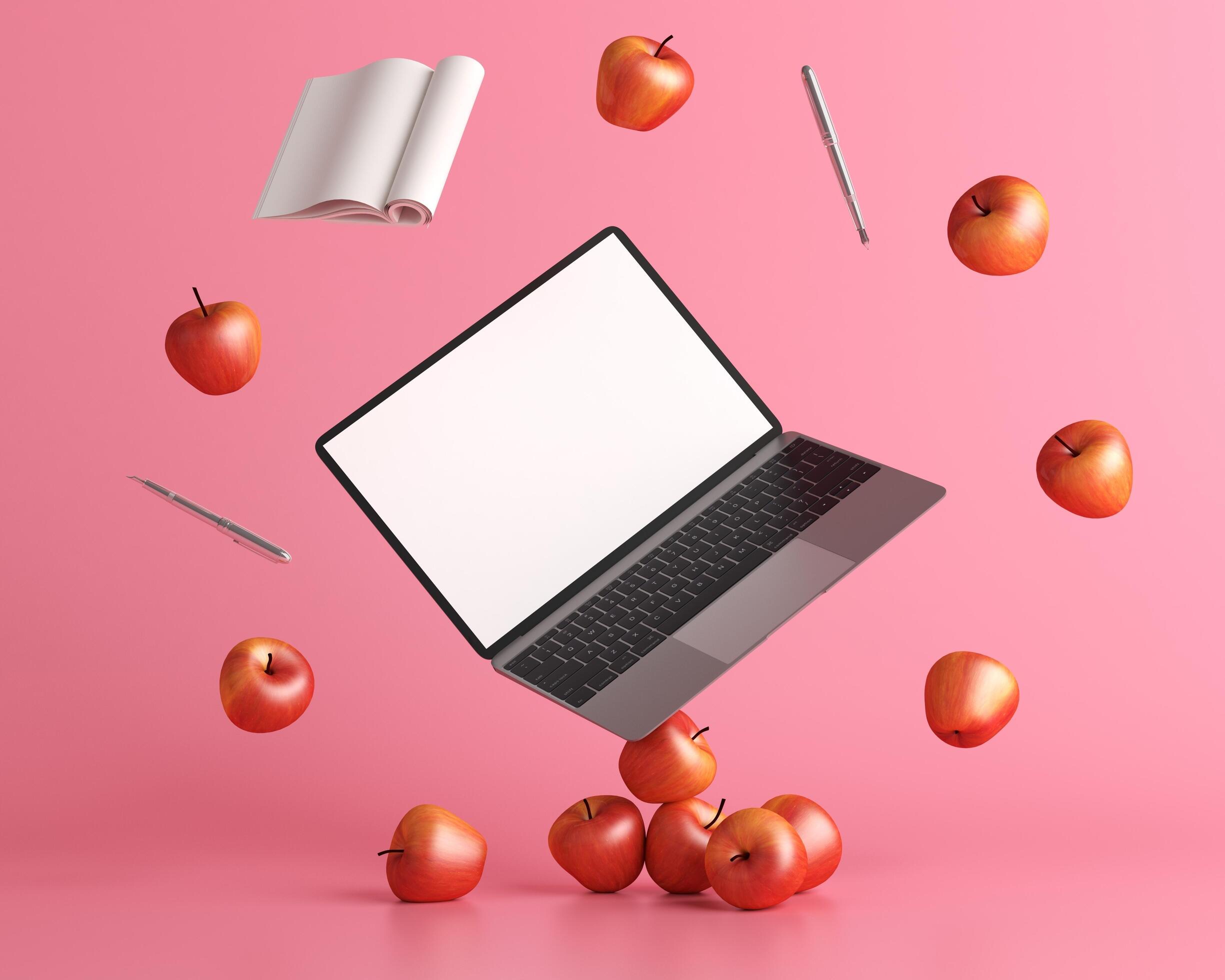 laptop with apple, pen and a book on pink background, 3D style. Stock Free