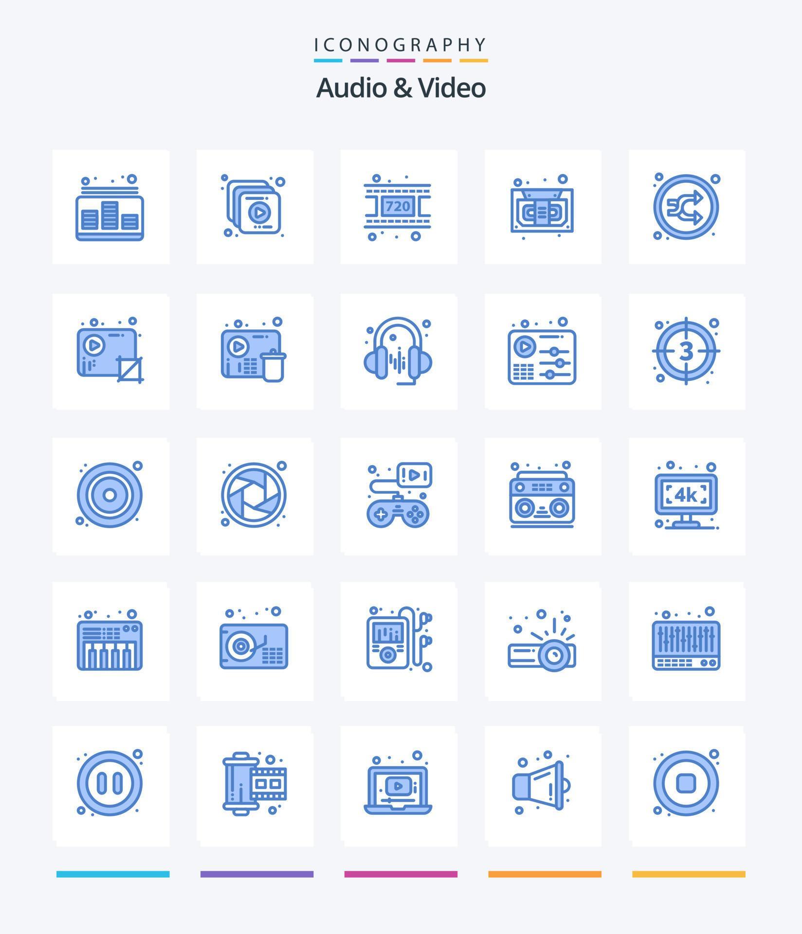 Creative Audio And Video 25 Blue icon pack Such As music. arrow. movie. recorder. cassette Stock Free