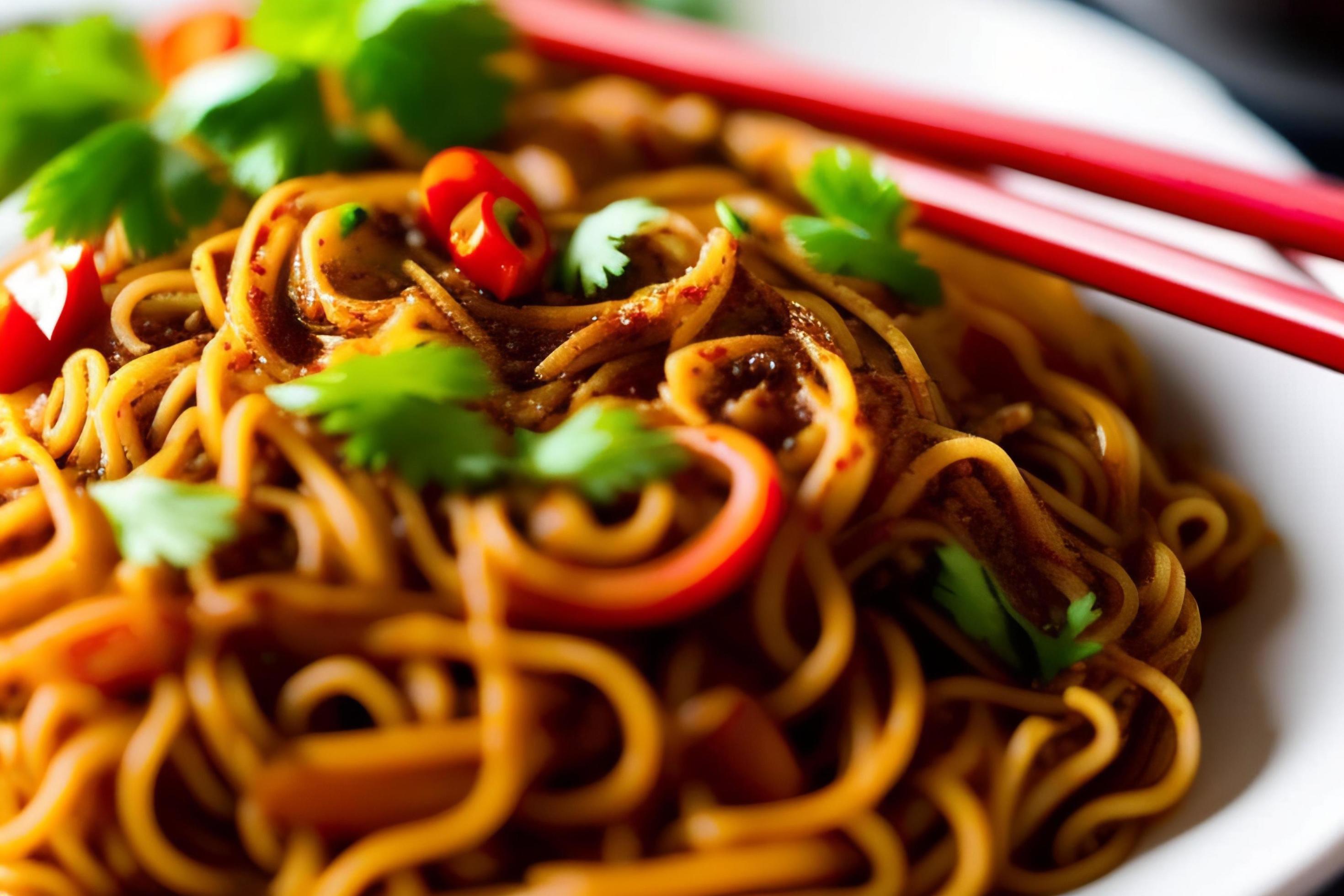 Delicious noodles. Fast food meal with appetizing pasta and chopsticks. Stock Free