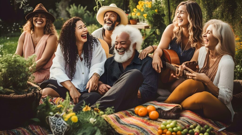 Happy senior diverse people sitting on blanket and having picnic in garden Stock Free