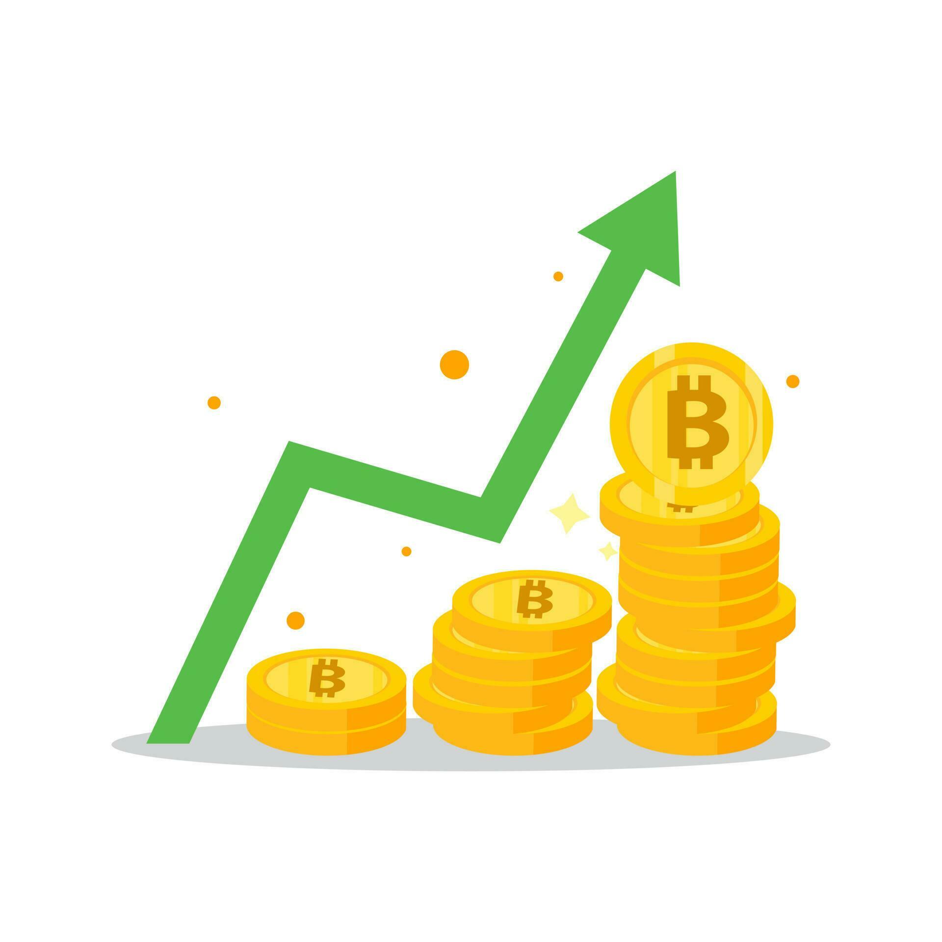 
									golden bitcoin coins stack and up arrow. Flat vector icon isolated on white. Economy, finance, money symbol. Currency pictogram. Vector illustration. decrease Stock Free