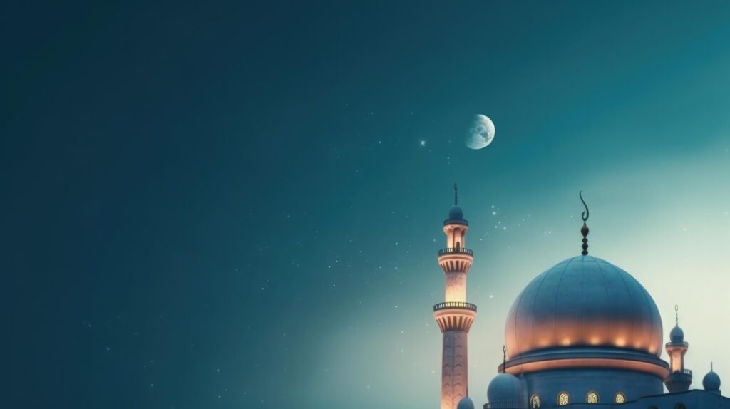 Mosques Dome on dark blue twilight sky and Crescent Moon on background Illustration Stock Free