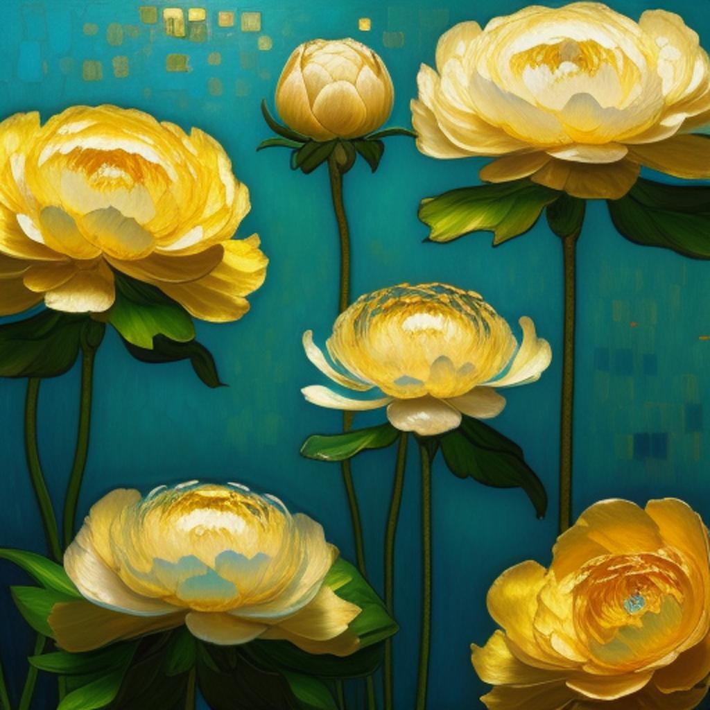 Gold peonies on teal by @ai_generated