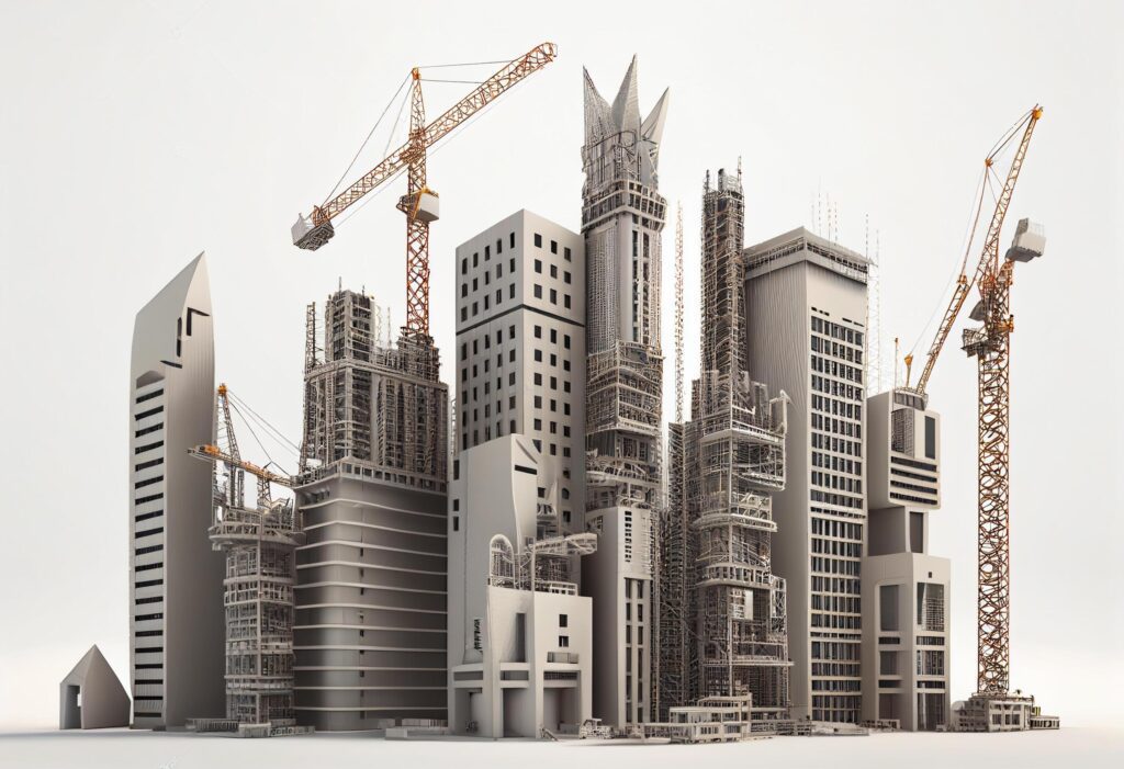 Construction site with cranes and building materials. 3d rendering. Stock Free