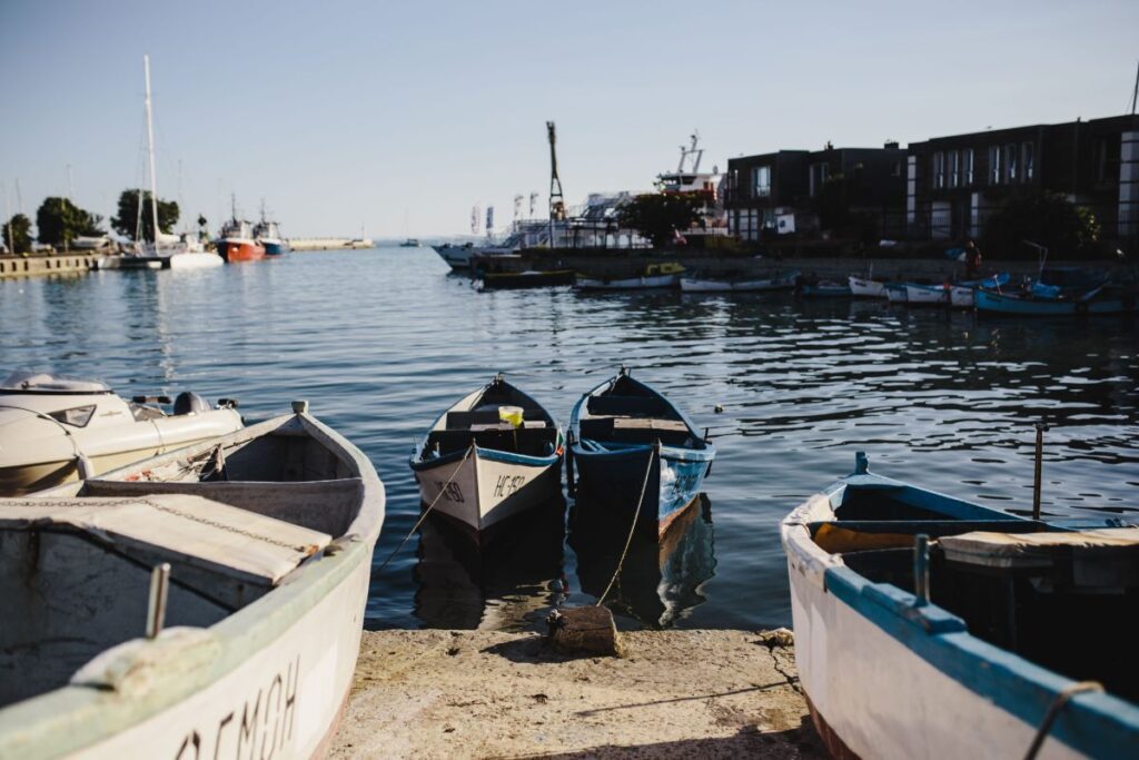 Fishing boats berthed in the marina of Old Town of Nessebar, Bulgaria Stock Free