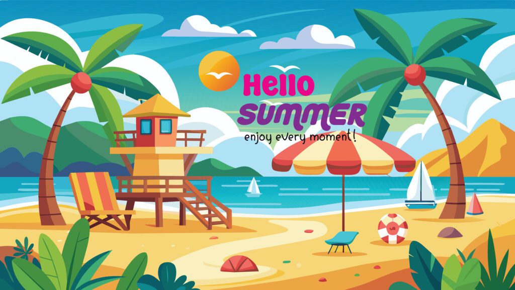 Summer beach scene banner design background Free Vector