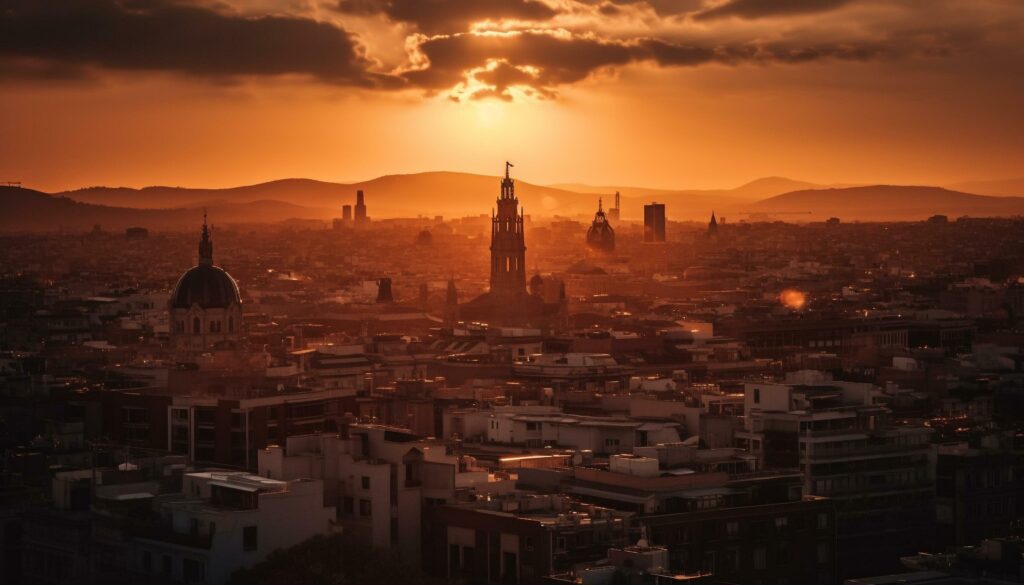 Backlit city skyline illuminated by sunset glow generated by AI Stock Free