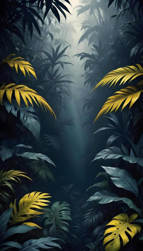 Tropical forest background, jungle background with border made of tropical leaves with empty space in center, copy space. Stock Free