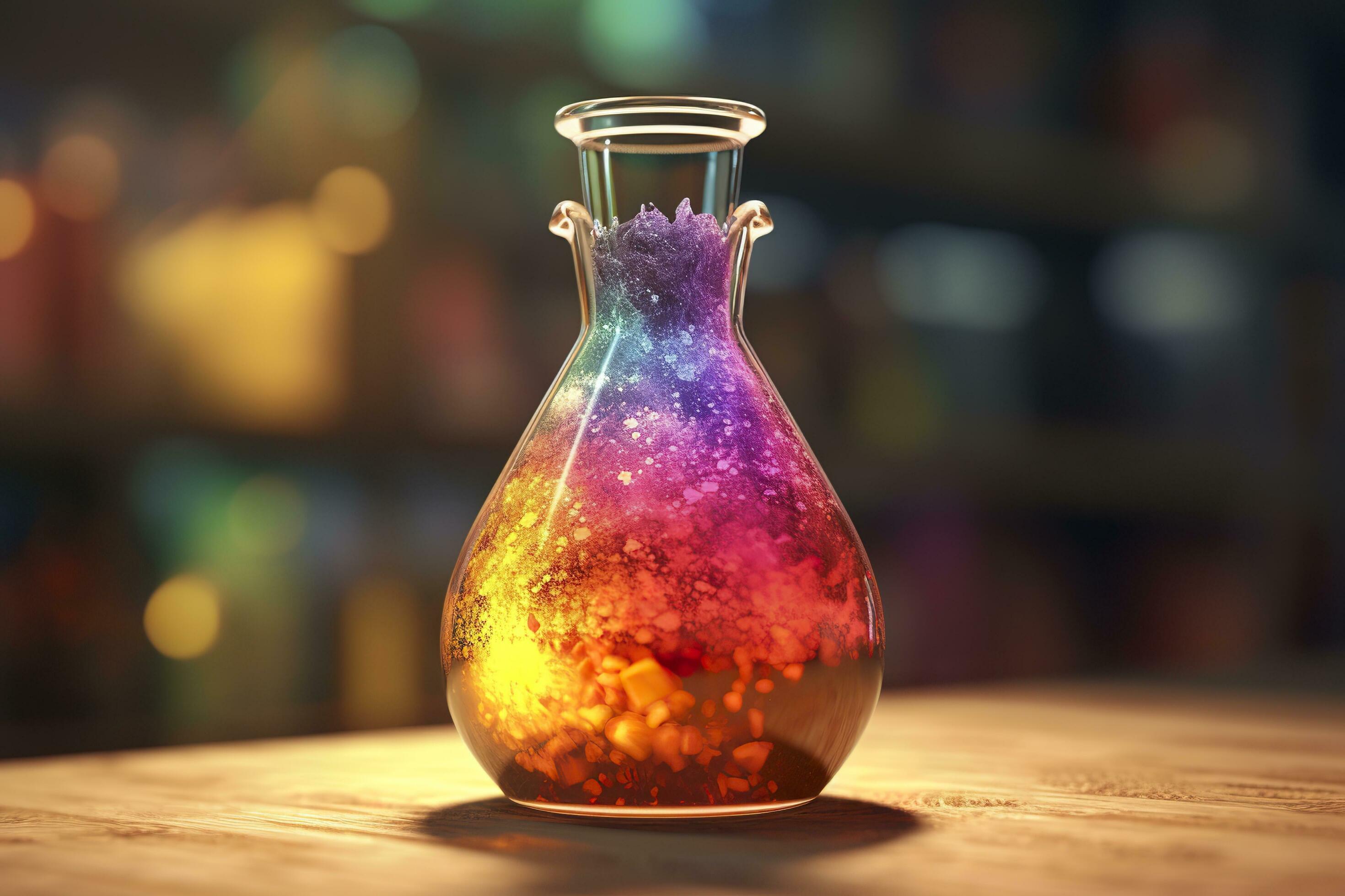 Close Up of a Science Beaker Filled with Multi Colored Liquids. AI Generative Stock Free