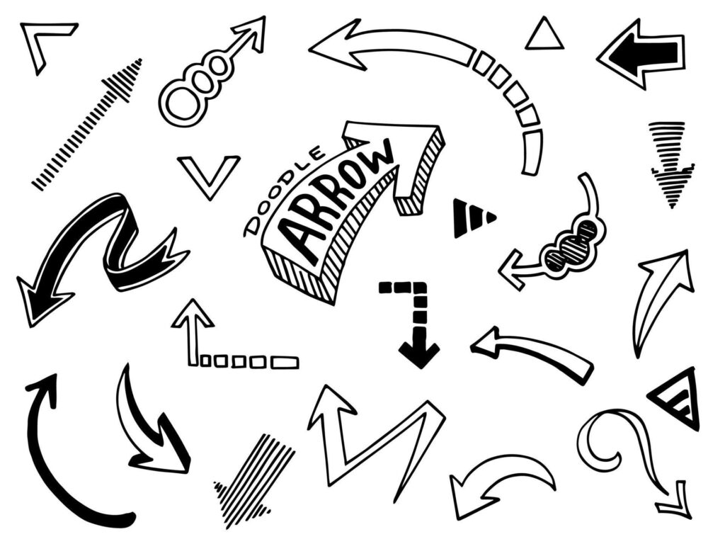 hand drawn Arrows icons Set. arrow icon with various directions. Doodle vector illustration. isolated on a white background. Stock Free