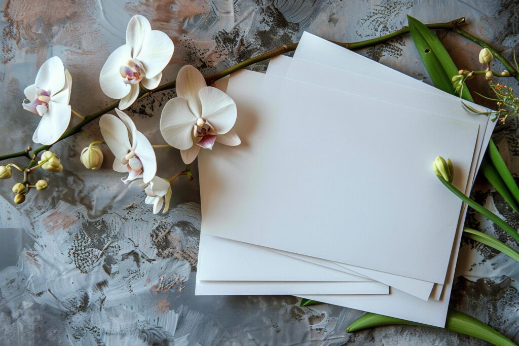 White Orchid Flowers and Blank Card on Grey Background Stock Free