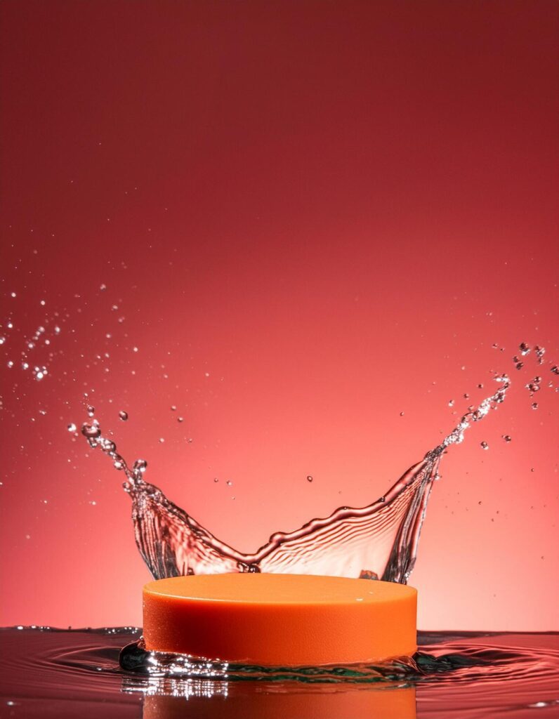 empty orange podium mockup with water splash on a gradient background for product display Stock Free