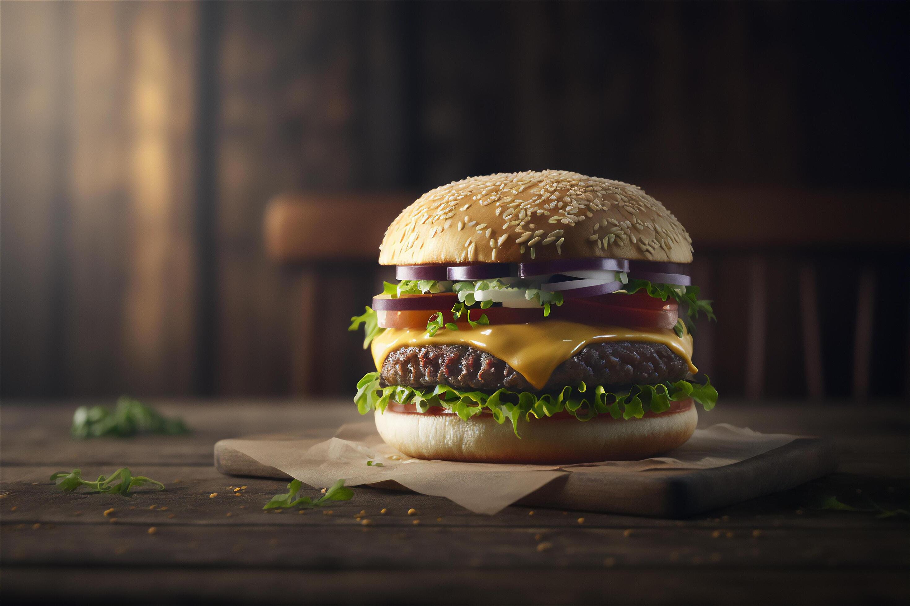 Tasty homemade hamburger on rustic wooden table. Copy space. Advertising. . Fast food snack Stock Free