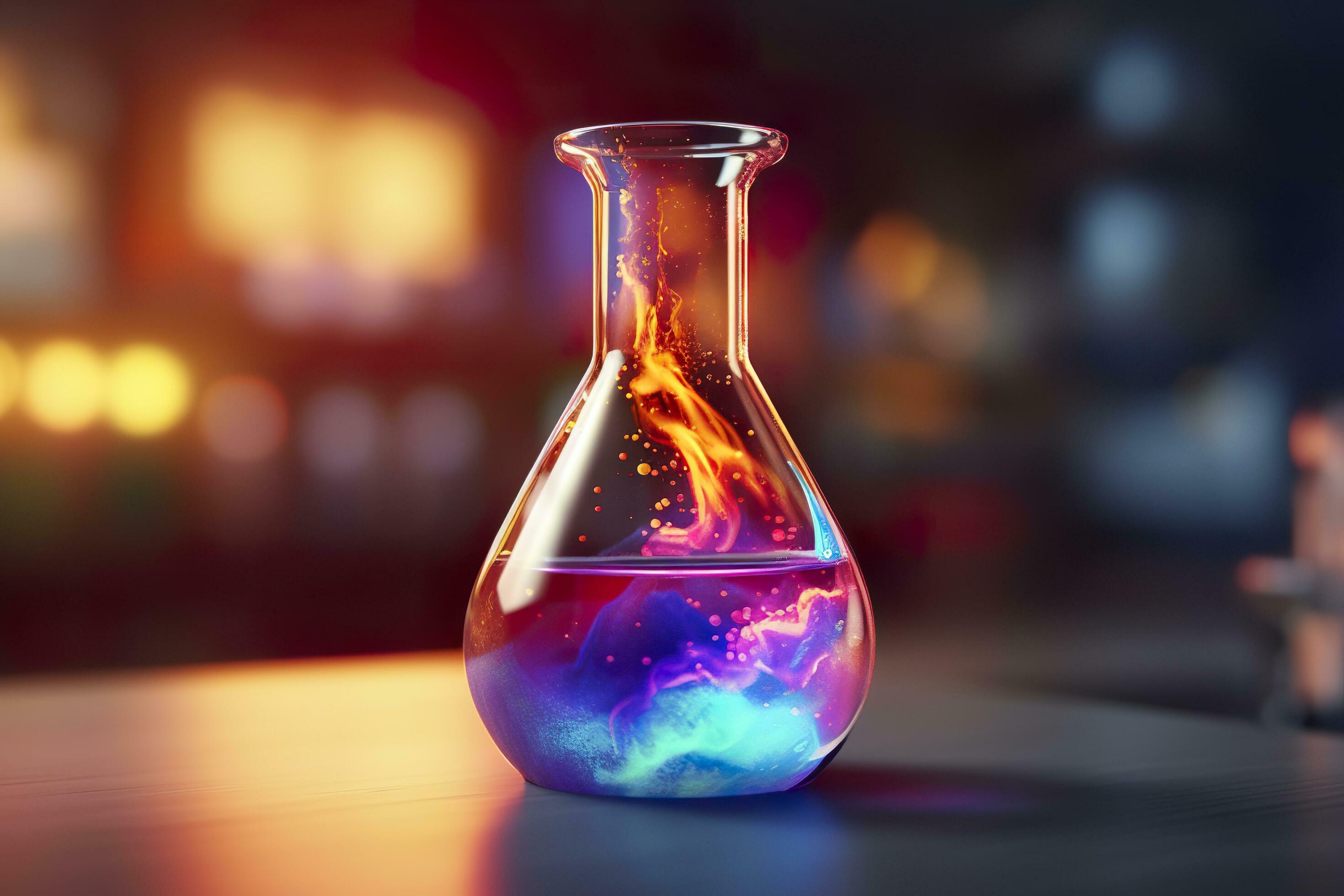 Close Up of a Science Beaker Filled with Multi Colored Liquids. AI Generative Stock Free