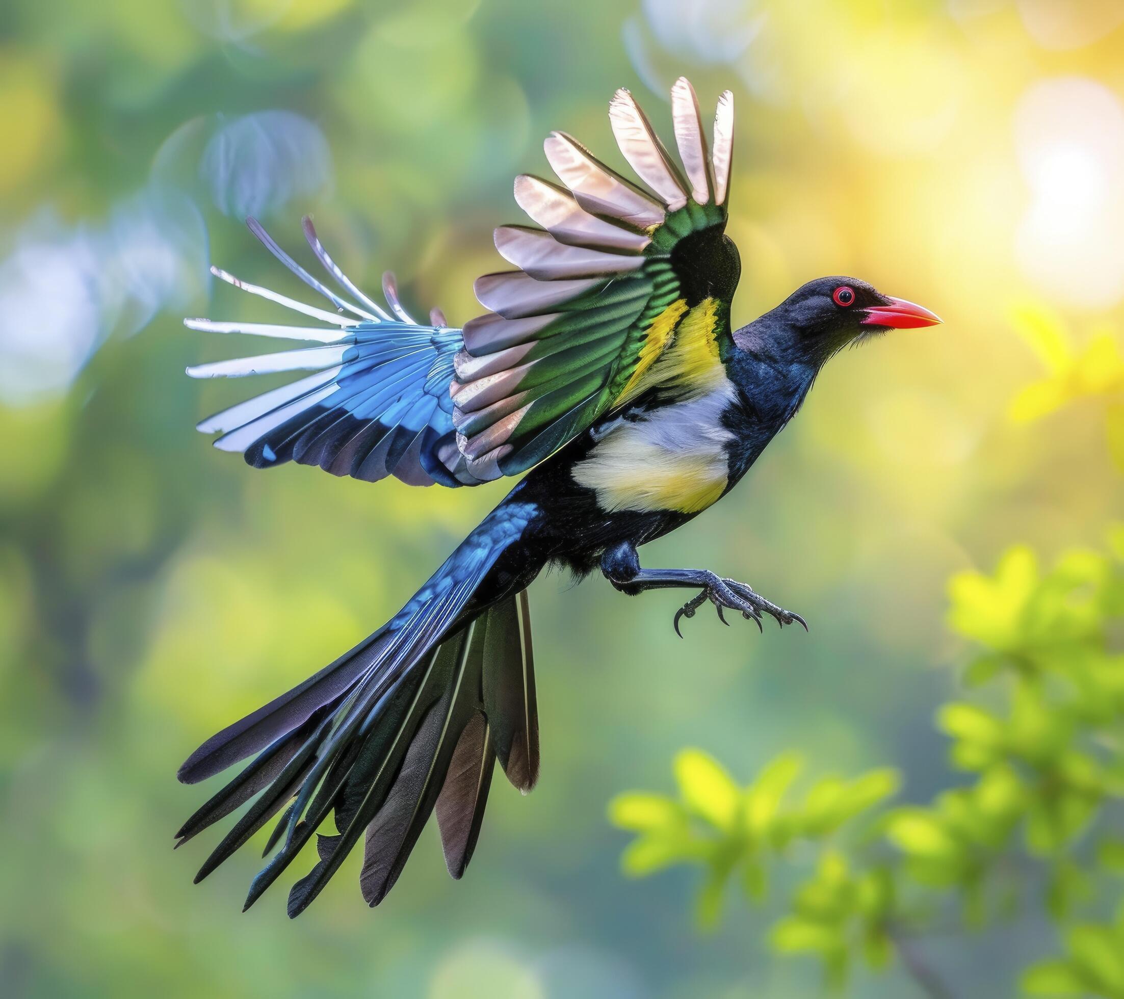 colorful magpie bird in black, blue and yellow colour flying with green blur bokeh background Stock Free