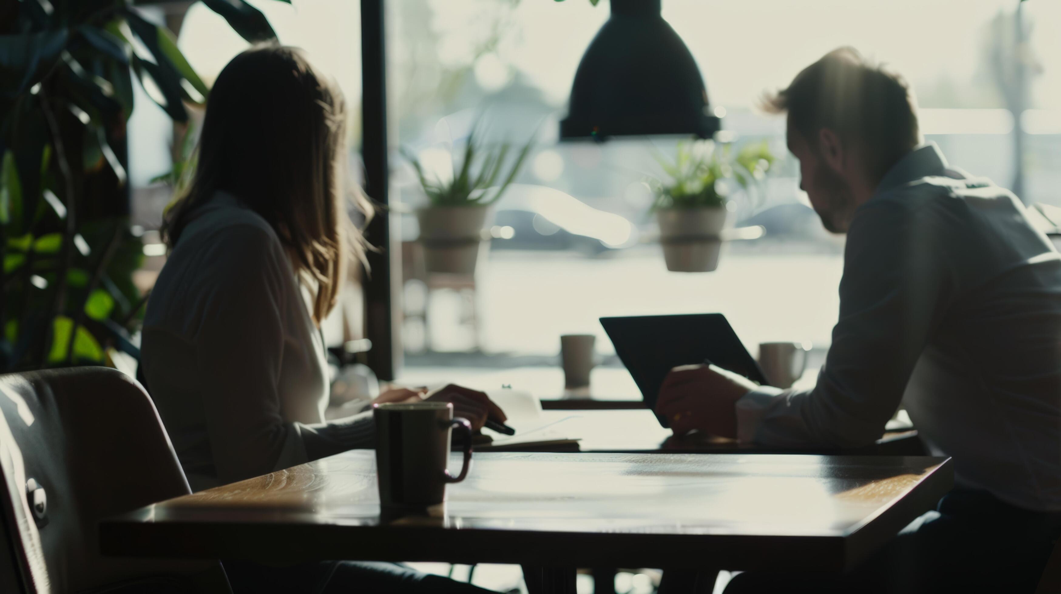 Two professionals working on a laptop in a cafe engaging in a business meeting and discussing a project over coffee Stock Free