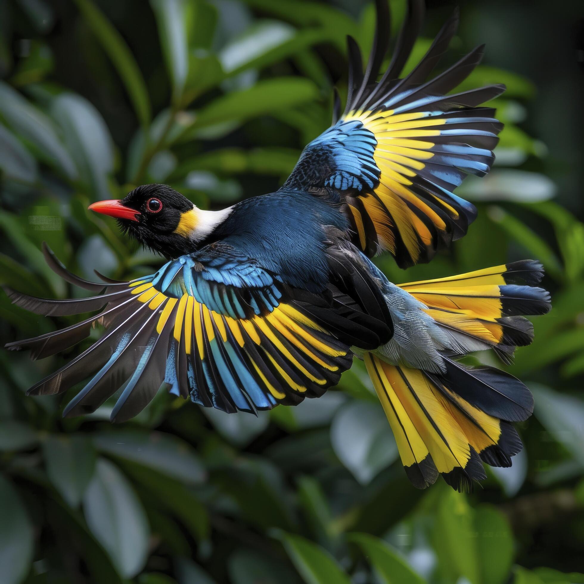 colorful magpie bird in black, blue and yellow colour flying with green blur bokeh background Stock Free