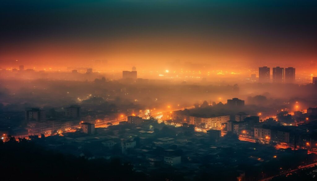 The illuminated city skyline at dusk, a famous Beijing landmark generated by AI Stock Free