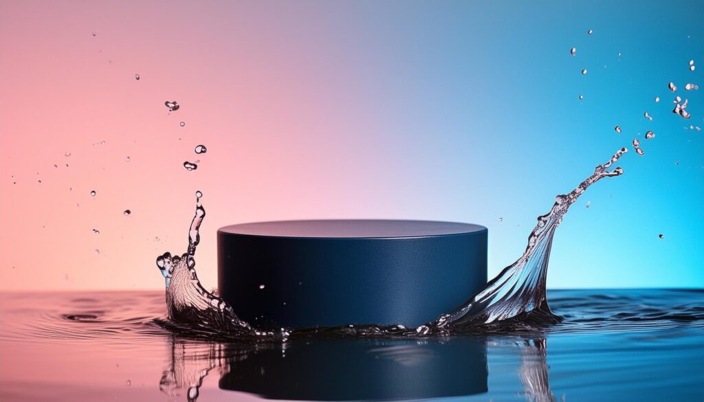 empty blue podium mockup with water splash on a gradient background for product display Stock Free