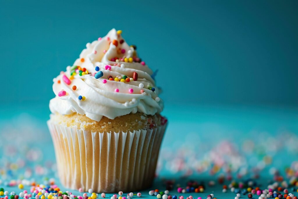 Cupcake with whipped cream and colorful sprinkles on a blue background. Free Photo