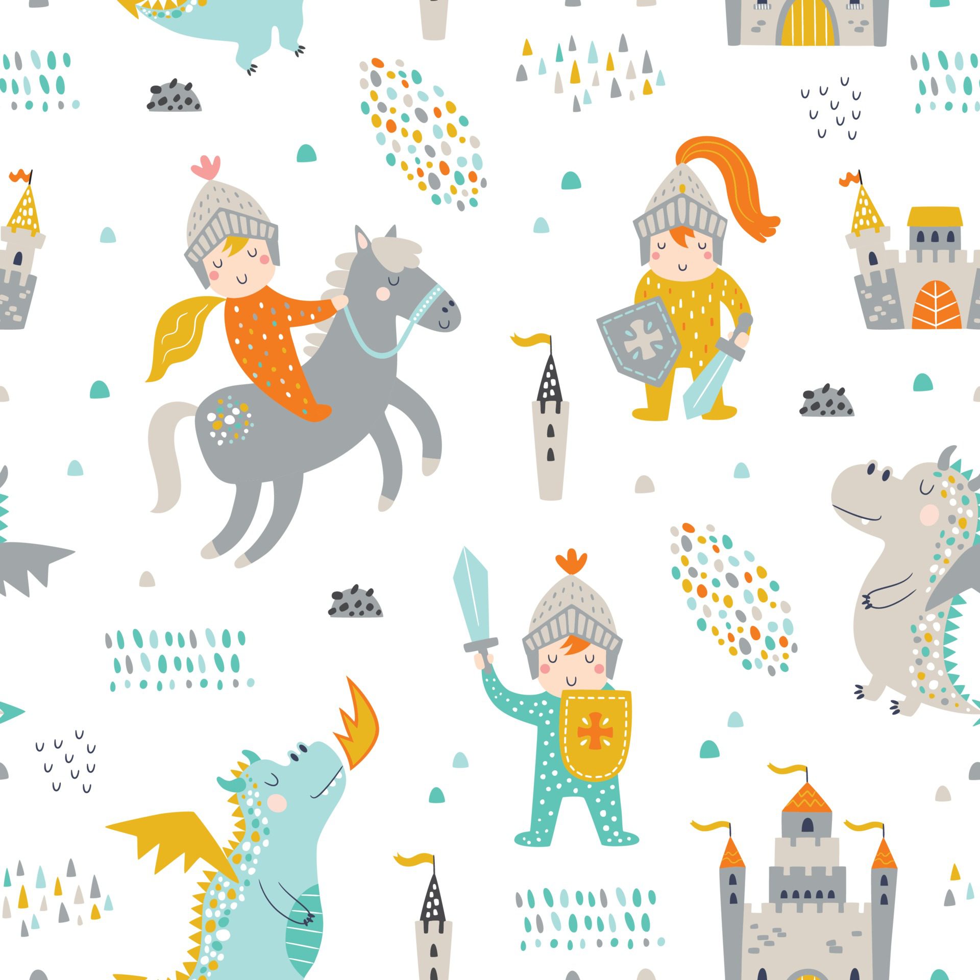 Childish seamless pattern with knight, dragon and castle. Free Vector