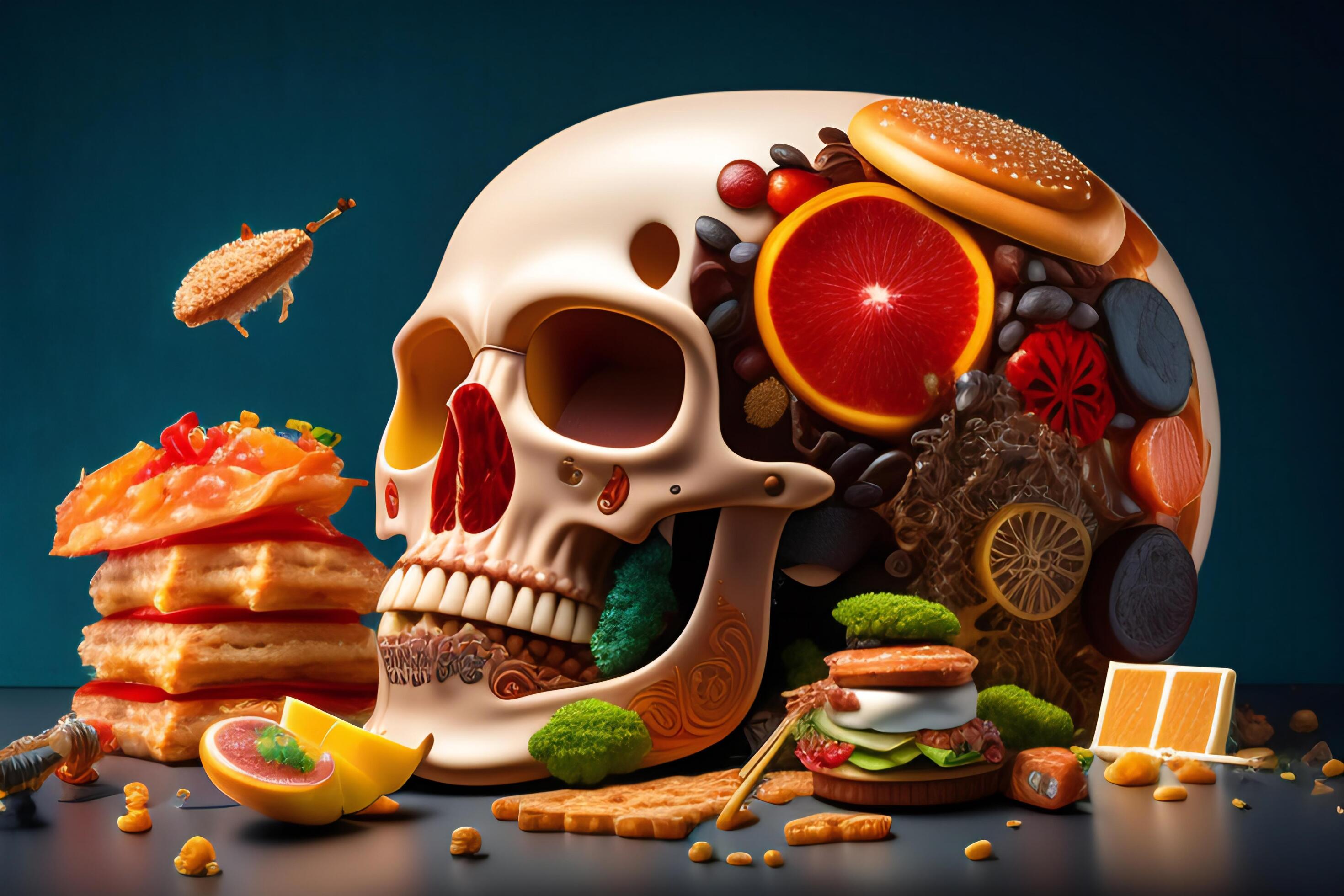 the anatomy of a zoombie head made of junk food. Stock Free