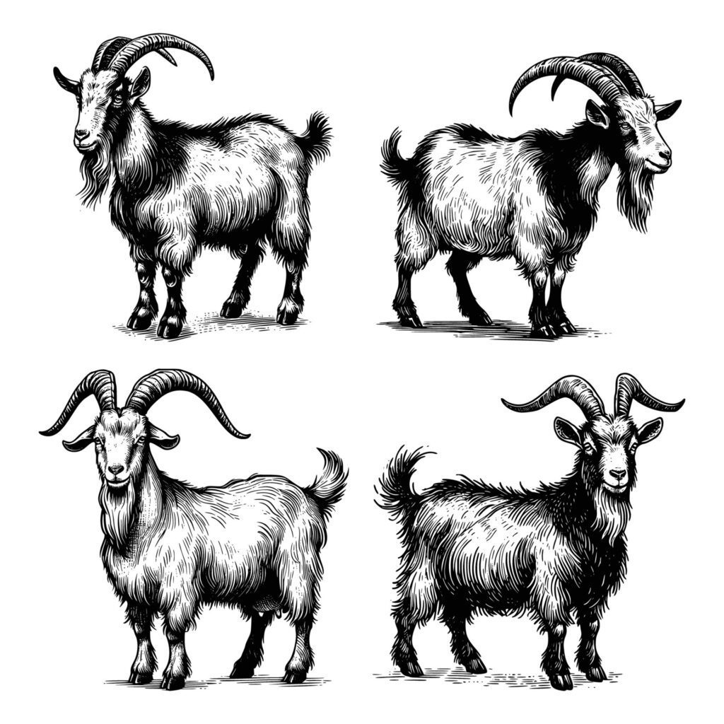 set of goats animal illustration. black and white hand drawn goat illustration isolated white background Free Vector