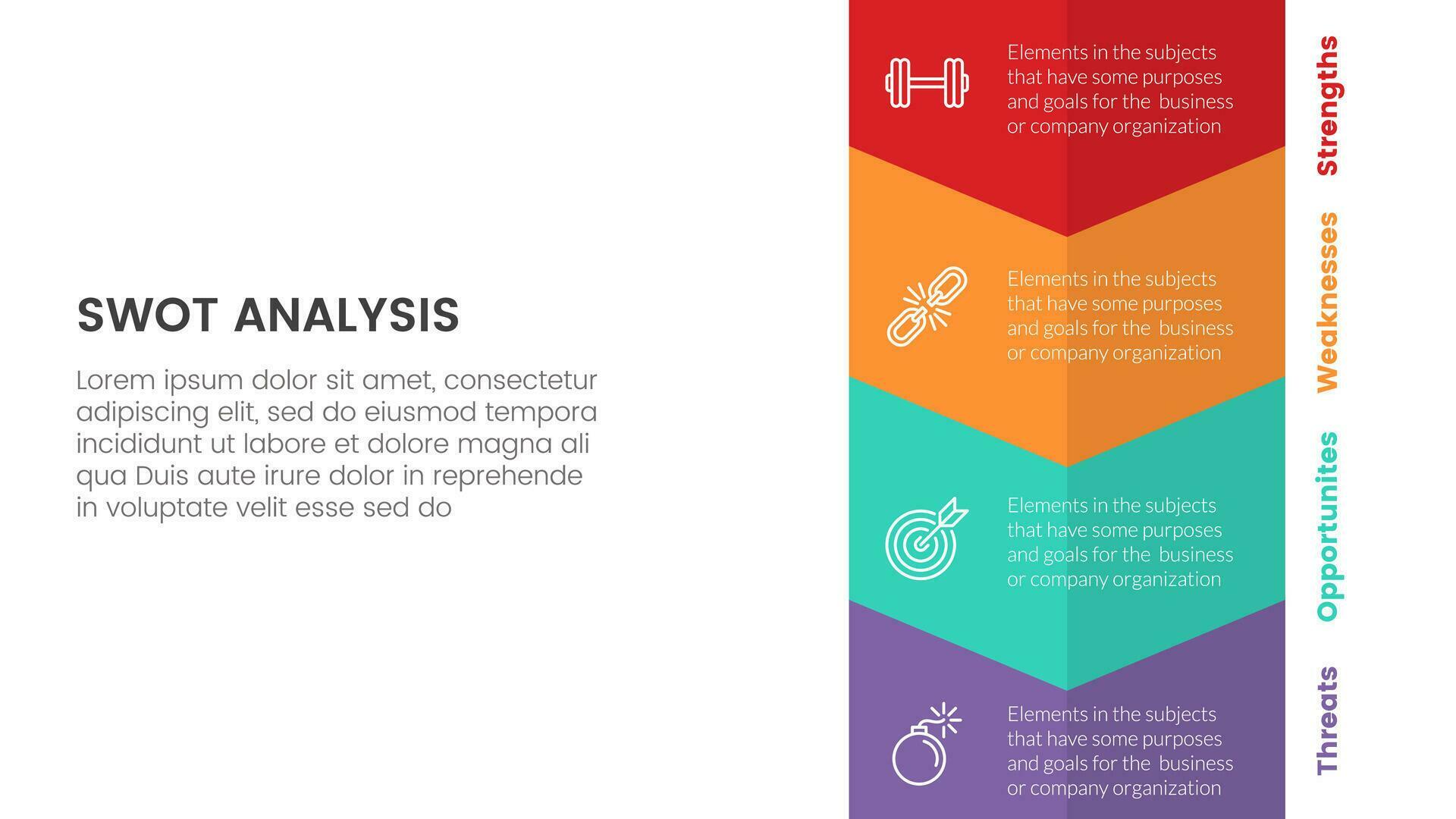 swot analysis concept with vertical shape and arrow down for infographic template banner with four point list information vector Stock Free