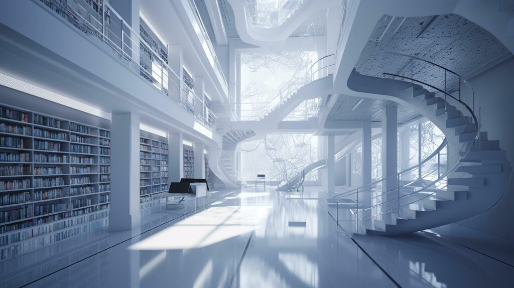 artificial intelligence white library classroom in space, a futuristic library with a lot of books with natural light, photorealistic 2050, generate ai Stock Free