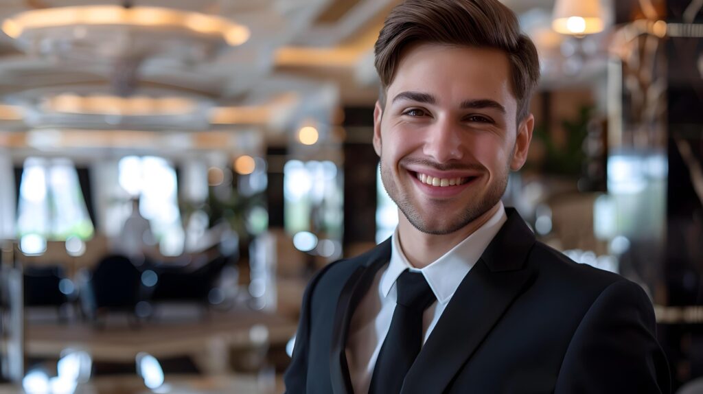 Friendly Concierge in a Formal Business Attire Welcoming and Assisting Guests at a Hotel or Corporate Lobby Stock Free