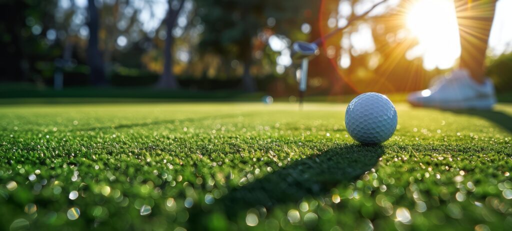 Golf Ball Resting on Green Grass With Sun Shining in Background Stock Free