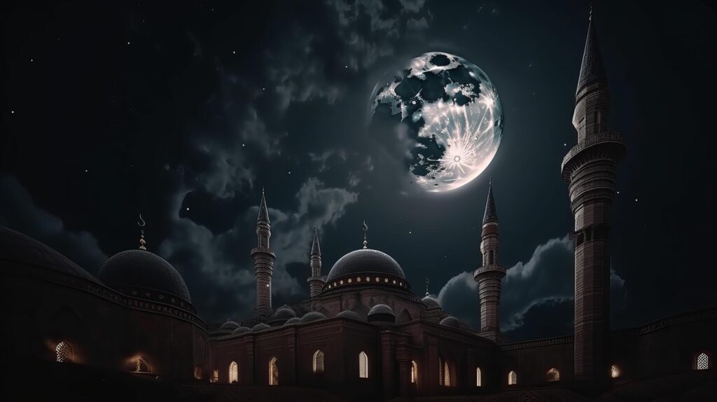 Mosque in front of night cloudy and starry sky Illustration Stock Free