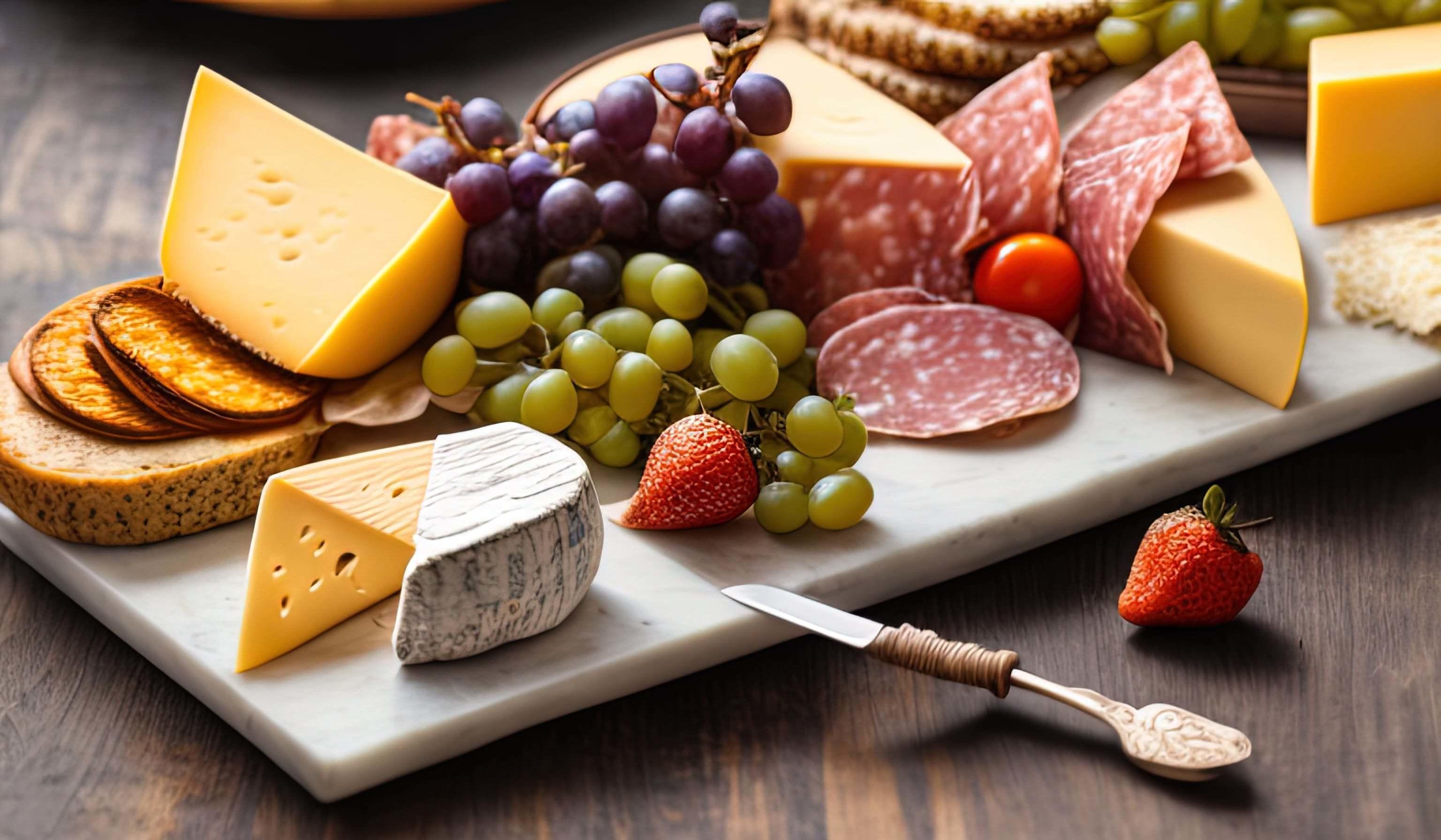 rofessional food photography close up of a Cheese and charcuterie board sitting on top of a table Stock Free