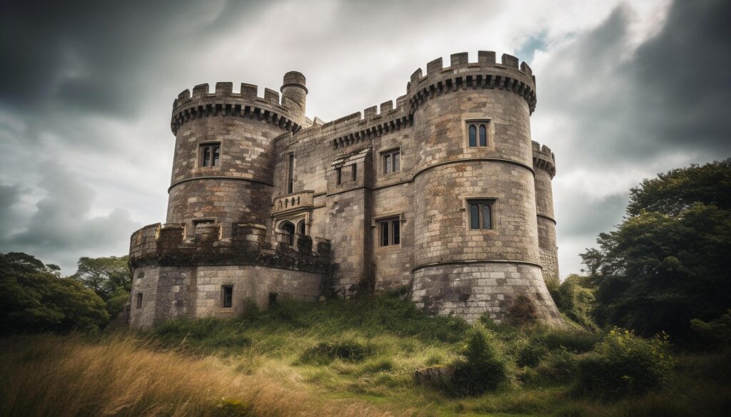 Ancient ruined castle, majestic stone walls, dramatic overcast sky Stock Free